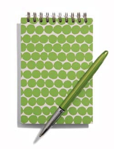Hable Construction's spiral top tablet is printed with the textile design company's signature bead pattern ($16 U.S.). Fisher's pocket-size bullet pen can write at any angle and lasts twice as long as other rollerball pens ($25 U.S. from Paradise Pen).