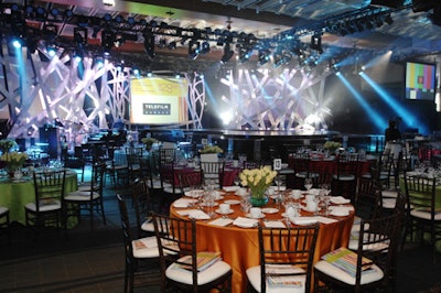 Brightly coloured linens dressed tables in the main dining room, which also served as the venue for the live award broadcast.