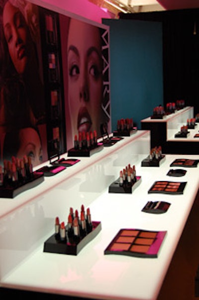 An uplit makeup bar showcased the Mary Kay products.