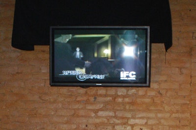 Burack ran a loop of loop of IFC programming highlights—indie films, sketch comedy, original programming, anime, and brand IDs—on flat-screen TVs throughout the venue. Also shown: sponsor content, including a trailer of Miramax's upcoming film Smart People.