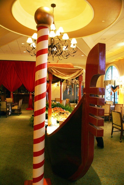 A 15-foot gondola featuring an assortment of specialty seafood, including shrimp and oysters, sat in the middle of the dining area.