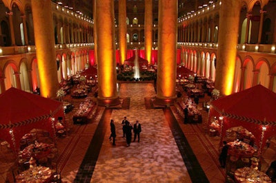 Event producer David Tutera dressed the National Building Museum in red and gold tones.