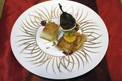 The dessert sampler combined apricot baklava, armut tatlisi (carmelized baked pear), and a lemon custard.