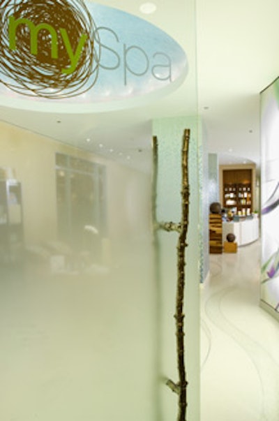 Natural elements, such as a tree-branch-inspired doorknob, are hallmarks of MySpa.
