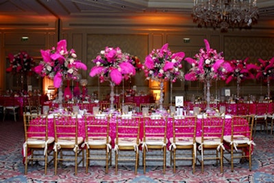 Pink, gold, and crystal décor elements channeled the opulence of Marie Antoinette.