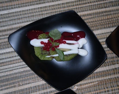 SushiSamba served kiwi slices topped with raspberry caviar for dessert.