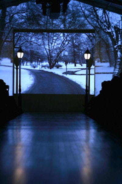 A black-and-white scene of a snowy park served as the backdrop for David Dixon's show.