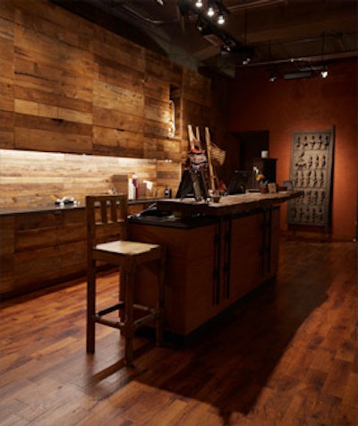 The front desk in the reception area can double as a bar during private events.
