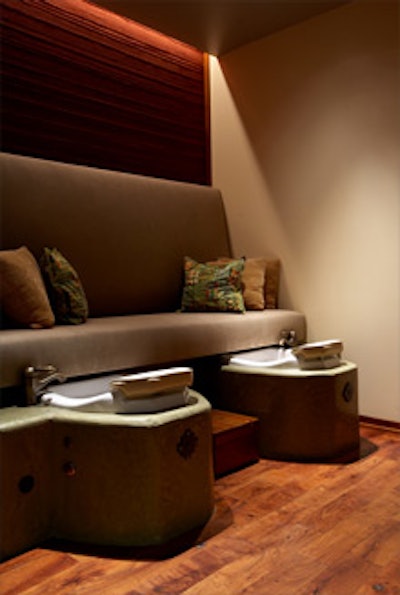In the nail room, pedicure stations are made of tedelakt, sustainable Moroccan clay with antifungal properties.