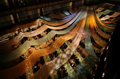 David Stark Design created a medieval-inspired tent with long strips of colored fabric for New York City Opera's spring gala, which celebrated the production of Henry Purcell's King Arthur.