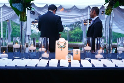 Jewels made for bright splashes of color amid floating white candles in glass.