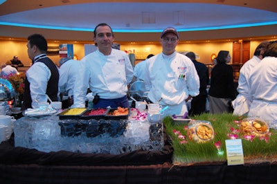 The Ronald Reagan Building chefs showcased their sorbets (including carrot galangal) in an ice sculpture, while a grass pad held cookies.
