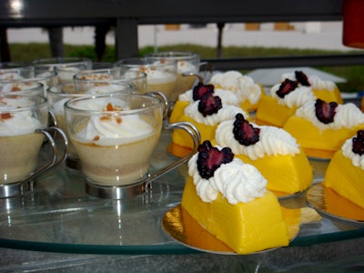 Two of the desserts offered at the dinner were mango bavarois and praline pot de crème.