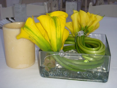 Barton G. topped the tables with centerpieces of bound yellow calla lilies in a shallow glass vase.
