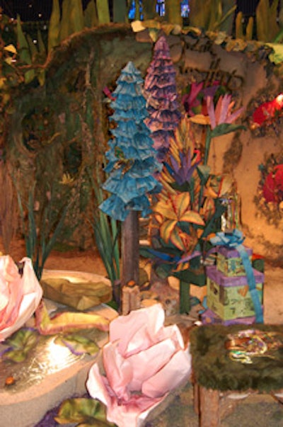 Judith Von Hopf Inc., a visual display company from California, created a fairytale-like display of silk trees, flowers, and fountains.