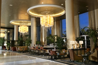 The revamped lobby bar is part of the multiphase renovation at the Hyatt Regency Century Plaza.