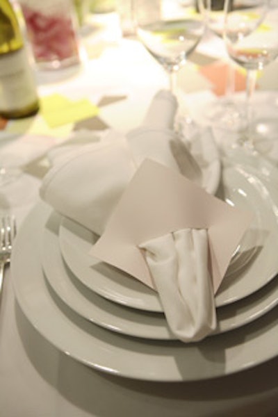 Vicente Wolf also used paint chips as napkin rings (and scattered colorful swatches across the tabletop).