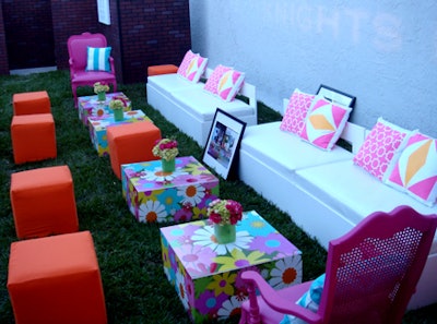 Colorful furniture from Ronen Bar and Furniture Rental created the spring lounge.