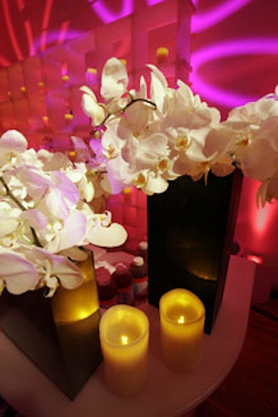 Orchid floral arrangements accented seating areas of modern furniture.