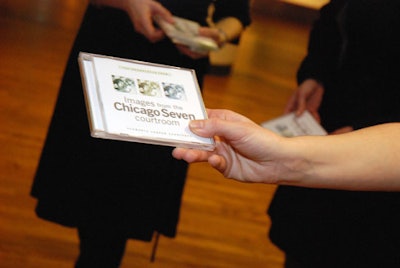 The evening's party favor was a CD with songs of the era, such as 'Chicago' by Graham Nash and 'War' by Edwin Starr, which played during the party.