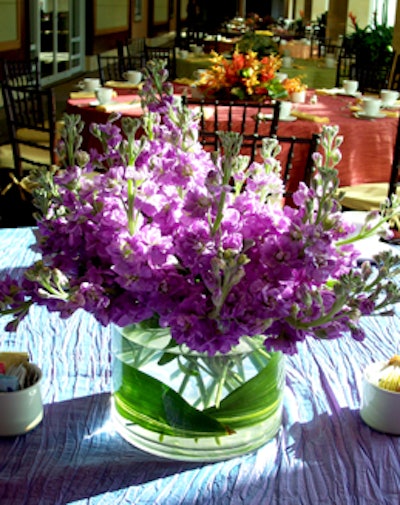 The centerpieces on each table were color-coordinated with the linens.