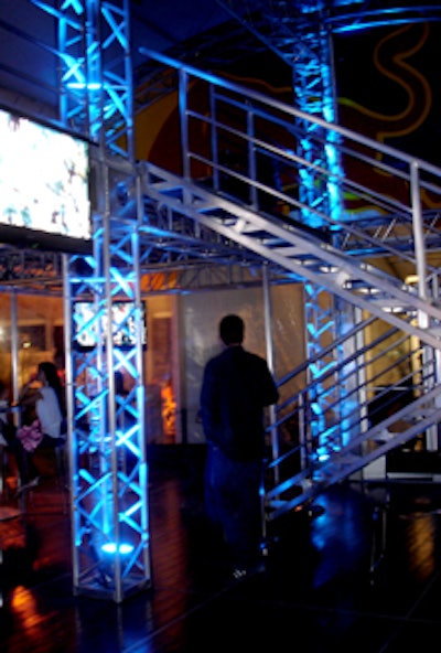 Guests entered through the bilevel Red Bull lounge created with metal scaffolding.