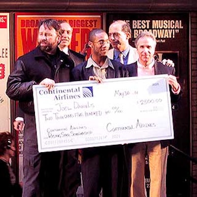 John Ritter; Paul Stevens of Continental Airlines; Jed Bernstein, head of the League of American Theatres and Producers; and Henry Winkler presented Joel Daniels (center) with the Continental Airlines Rising Star award.