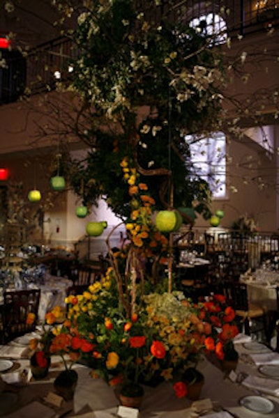 Bridget Vizoso of the Designer's Co-op hung small green lanterns from a treelike structure surrounded by citrus-hued spring blooms. Small pots of peonies sat at each guest's place setting.
