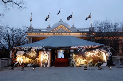 Artist Dan Bergeron's graffiti installation dressed up Muzik's main entrance.