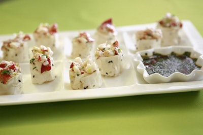 During the cocktail hour, Design Cuisine served lobster maki bites made of lobster salad and just slightly sweetened sticky rice hand-rolled in a sesame-soy wrapper.