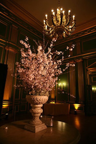 The focal point of the V.I.P. reception (held in the Mellon's greenroom) was a giant urn holding seven-foot-long blooming cherry branches.