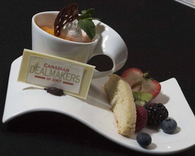 The dessert was served on a cup and saucer that could be carried around, and included a white chocolate with the gala's logo.