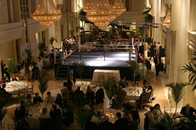 The boxing ring constrasted with the elegant white and gold decor at the Arcadian Court.