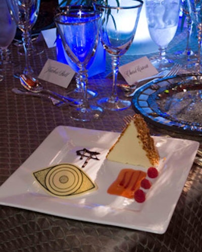 The goat cheese and crème fraîche cheesecake, with hazelnut brittle and blood-orange caramel sauce, included a white-chocolate disk in the shape of an eye.