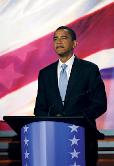 A Conservative Classic: Candidates used this traditional-looking Formica lectern from Iowa-based VR Production Services (515.971.1815) at the ABC News Democratic debate in Iowa. Users can apply custom-printed graphics to the curved front; the piece is available in a variety of finishes. It rents for $75 a day (shipping not included).