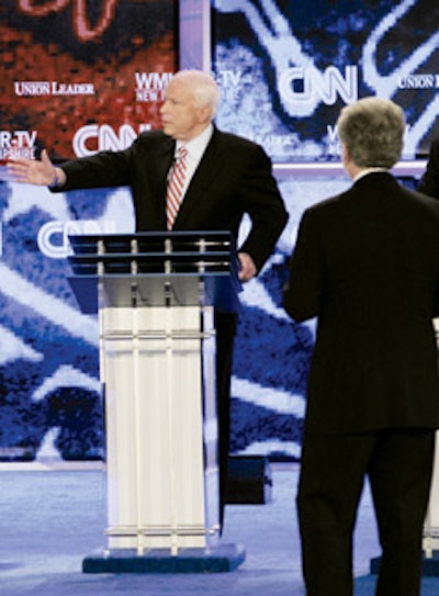 Liberal Dose of Style: The CNN/YouTube debate in New Hampshire featured lecterns with five stacked layers of blue aluminum and plexiglass, created by experiential design company Clickspring Design. Rental costs depend on quantity and length of use.
