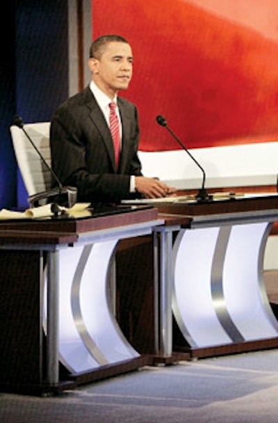 A Capital Seat: The New Hampshire Democratic debate featured desks from VR ProductionServices (515.971.1815), which are lit from within with LEDs, allowing displays in any color. Rentals start at $125 a day.