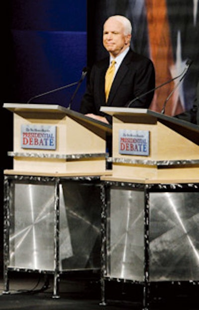 Building a Base: The Iowa presidential debate in Des Moines used lecterns with aluminum front and sidepanels that can be customized with glass, wood, or plexiglass. Purchase prices range from $1,800 to $2,500each, or they can be rented from Iowa-based Sunderman Enterprises Fine Art and Design.
