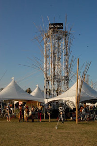 A 45-foot-tall tower installation anchored Coachella's new expanded lobby areas, with lockers and restrooms.