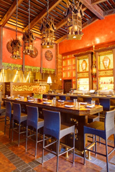 The space has ornate, Asian-inspired decor.