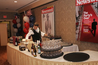 Blown-up covers and red, white, and blue balloons ringed Newsweek's reception space.