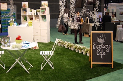 Design & Source Productions from New York used AstroTurf, potted plants, and outdoor furniture to create a café setting.