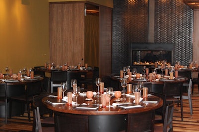 The upstairs fireside room has a view of Clark Street and a private fireplace.