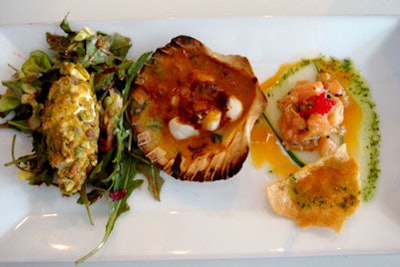 The appetizer trio featured pistachio crusted goat cheese salad, scallops Rockafeller, and salmon tartar.