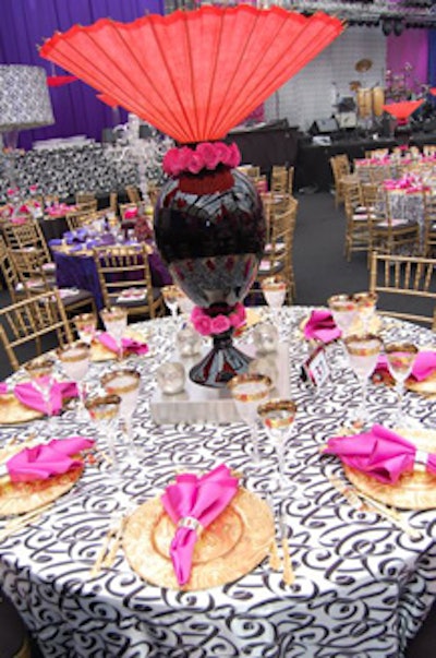 On some tables, inverted Chinese lanterns spilled out of glossy black vases.