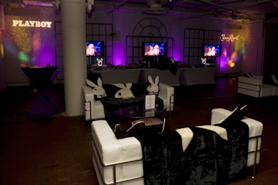 Playboy and Crown Royal created a white lounge seating area.