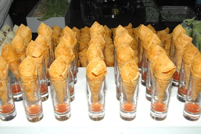 The taccone station featured spiced dry beef cone wraps with tabasco, served in a shot glass with bloody caesar sauce.