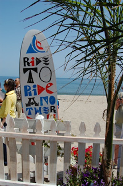 A Wonderwall-logoed surfboard stood sentry.