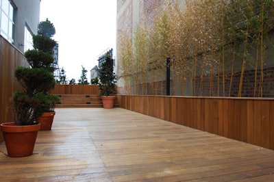 Adjacent to the salon is a small terrace decorated with plants like blue atlas cedars, vanderwolf pines, and bamboo.