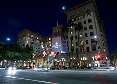 The Philippe Patek logo decorates the Beverly Wilshire facade.